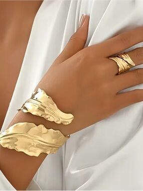 Gold Leaf Sculpted Cuff Bracelet and Ring Set